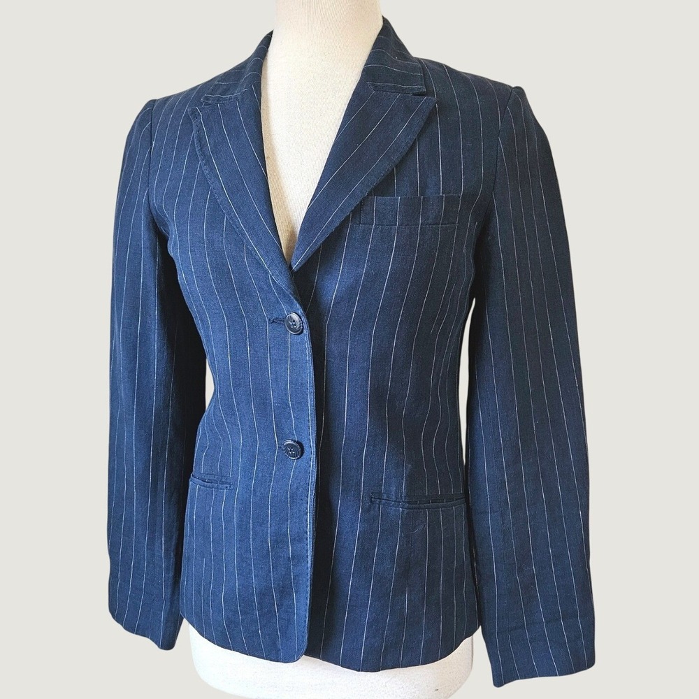 Hennes Navy Blue Pinstripe Tailored Linen Blazer Jacket Preppy Nautical Size 6